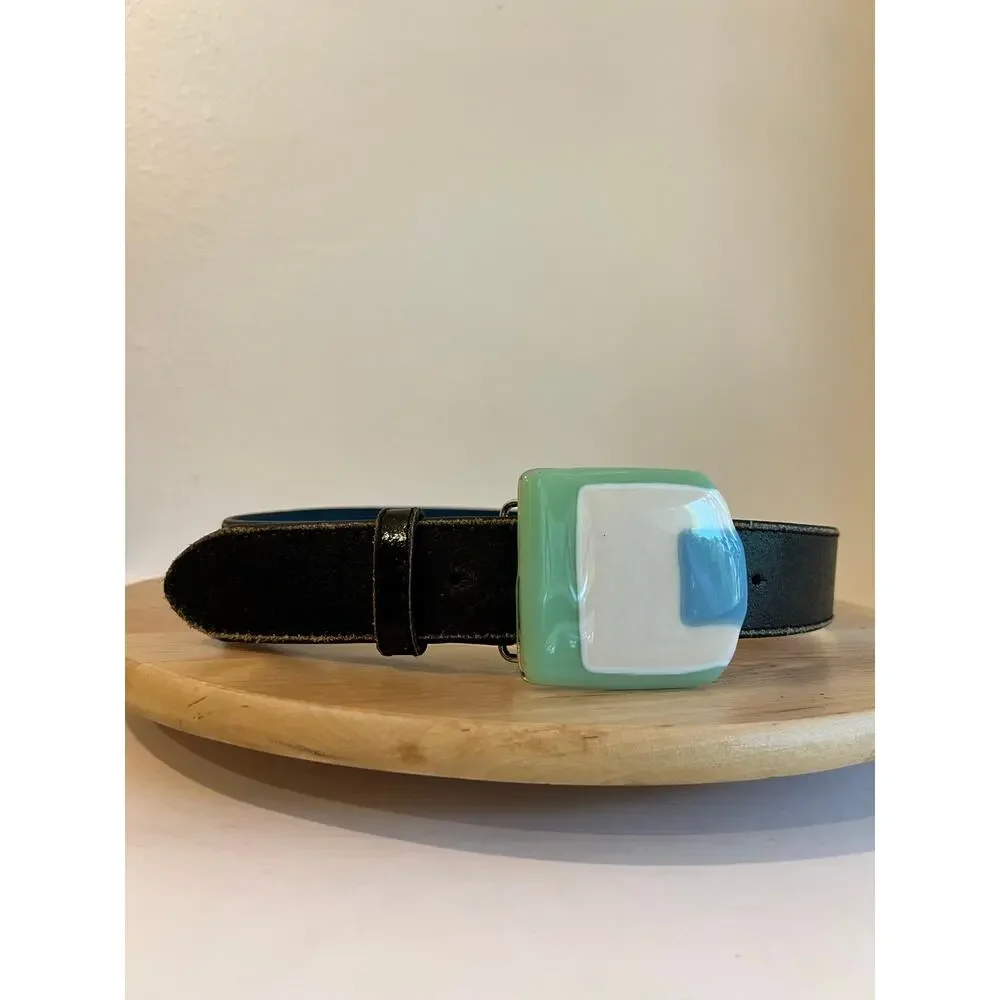 Vintage Black Italian Genuine Leather Glass Large Glass Buckle Belt Size Small